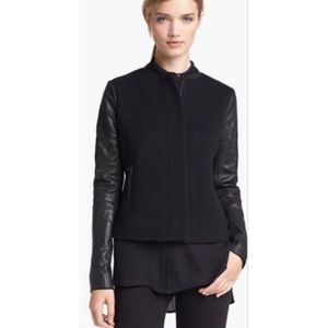 VINCE Black Paneled Leather Sleeve Wool Blend Jacket